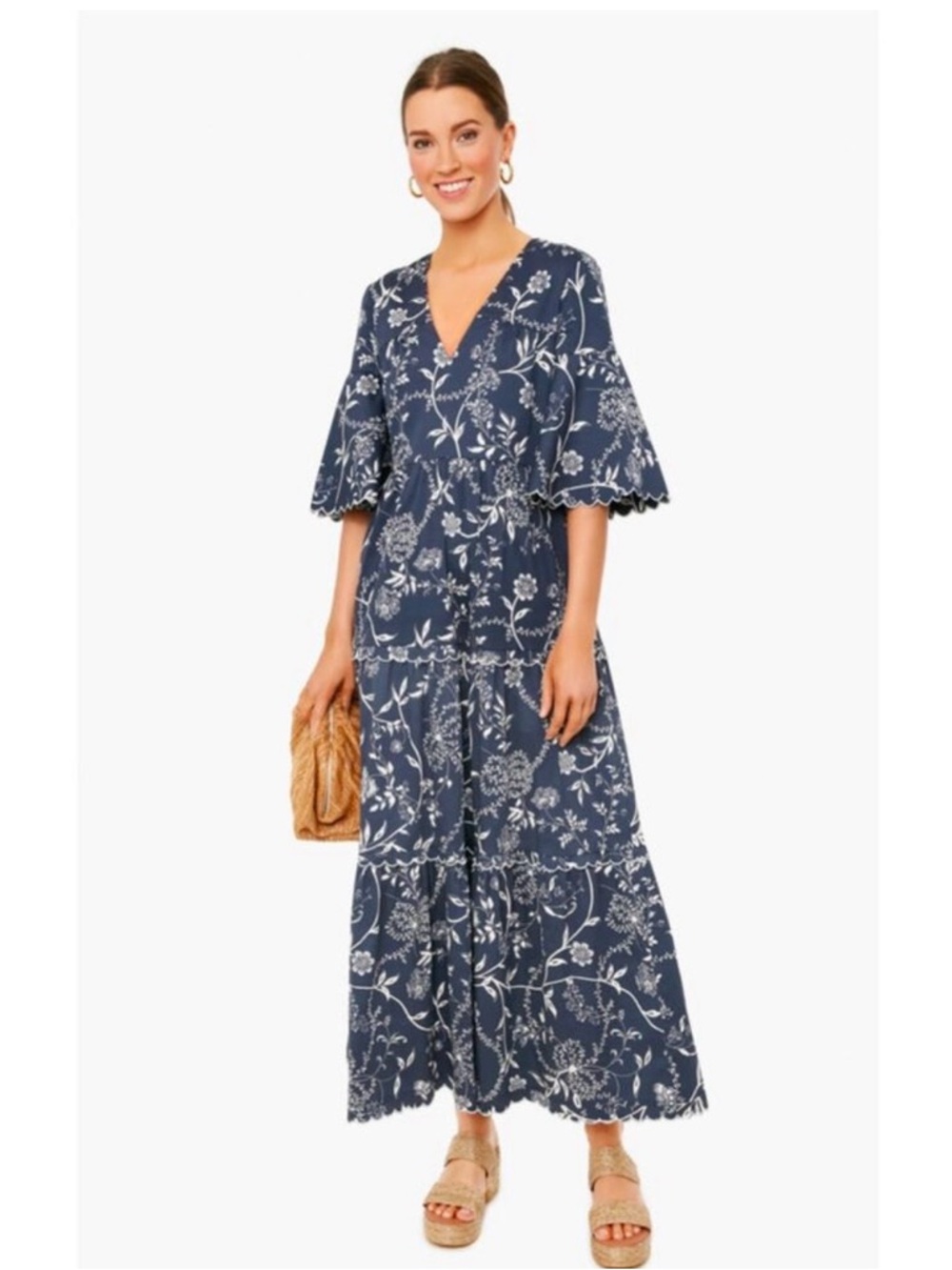 TUCKERNUCK Westwind Navy Blue White Floral Ginger Dress Scalloped Size Small S